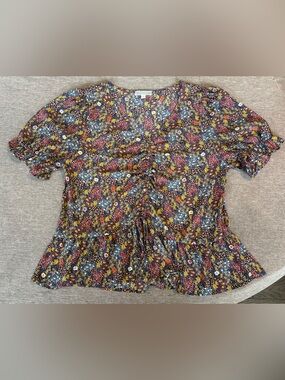 Anthropologie Pleione Ditsy Floral Ruched Peplum Blouse XL Cottagecore